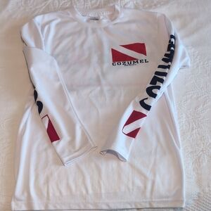 White Long Sleeve Cozumel Dry Fit Shirt with Red and Blue Accents